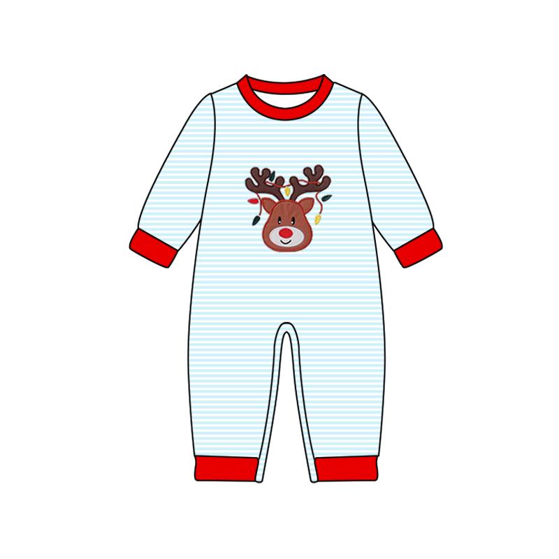 (Pre-order)LR2640 Deer Blue Stripes Print Baby Boys Christmas Romper