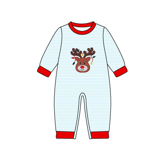 (Pre-order)LR2640 Deer Blue Stripes Print Baby Boys Christmas Romper