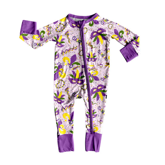 (Pre-order)LR2643 Mask Print Baby Girls Mardi Gras Zipper Sleeper Romper