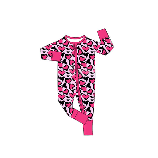 (Pre-order)LR2644 Pink Heart Leopard Print Baby Girls Valentine's Day Zipper Sleeper Romper