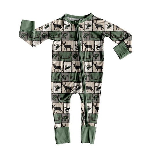 (Pre-order)LR2645 Deer Fish Plaid Print Baby Boys Fall Hunting Zipper Sleeper Romper