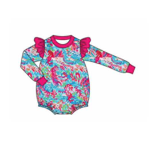 (Pre-order)LR2646 Seaweed Flowers Hot Pink Print Baby Girls Bubble Romper