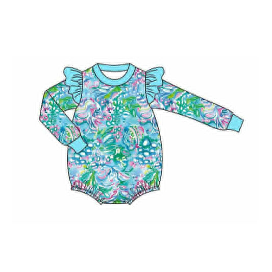 (Pre-order)LR2647 Seaweed Flowers Blue Print Baby Girls Bubble Romper