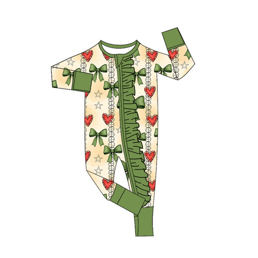 (Pre-order)LR2648 Green Bows Heart Print Baby Girls Christmas Zipper Sleeper Romper