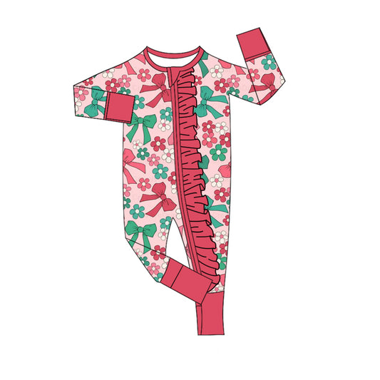 (Pre-order)LR2649 Green Red Bows Flowers Print Baby Girls Christmas Zipper Sleeper Romper