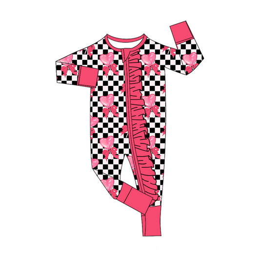 (Pre-order)LR2651 Heart Bows Plaid Print Baby Girls Valentine's Day Zipper Sleeper Romper