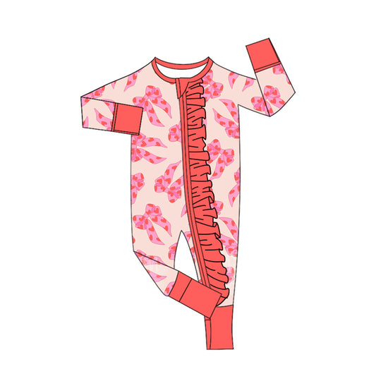 (Pre-order)LR2652 Heart Bows Pink Print Baby Girls Valentine's Day Zipper Sleeper Romper