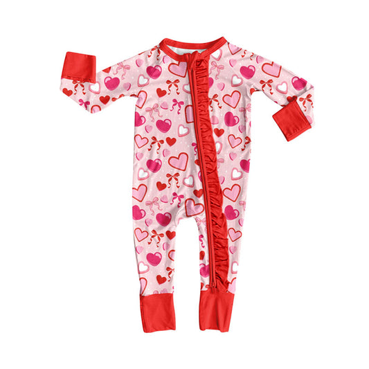 (Pre-order)LR2655 Pink Heart Bows Print Baby Girls Valentine's Day Zipper Sleeper Romper
