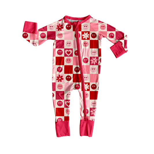 (Pre-order)LR2656 Smiling Face Heart Flowers Plaid Print Baby Girls Valentine's Day Zipper Sleeper Romper