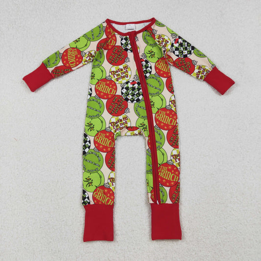 LR2658 Holiday Lights Green Frog Print Baby Christmas Zipper Sleeper Romper
