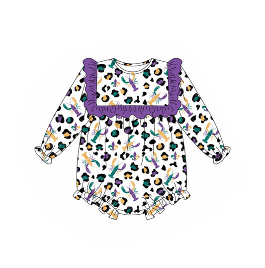 (Pre-order)LR2666 Crayfish Leopard Print Baby Girls Mardi Gras Romper