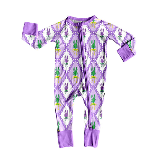 (Pre-order)LR2667 Crayfish Purple Print Baby Girls Mardi Gras Zipper Sleeper Romper