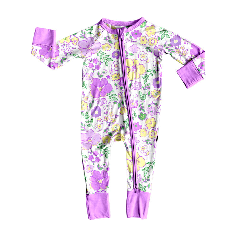(Pre-order)LR2668 Colorful Flowers Print Baby Girls Zipper Sleeper Romper