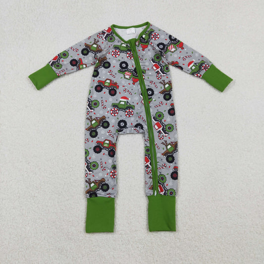 LR2669 Monster Trucks Print Baby Boys Christmas Zipper Sleeper Romper