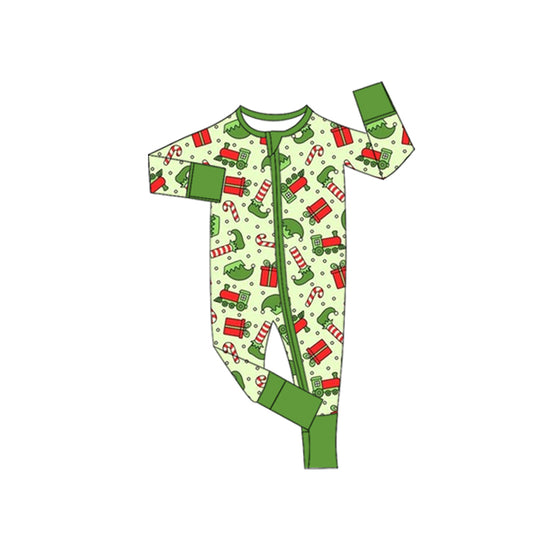 (Pre-order)LR2670 Cartoon Shelf Candy Cane Green Print Baby Boys Christmas Zipper Sleeper Romper