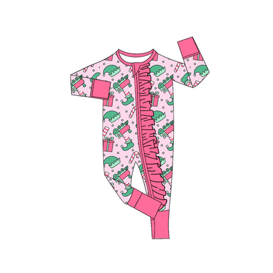 (Pre-order)LR2671 Cartoon Shelf Candy Cane Pink Print Baby Girls Christmas Zipper Sleeper Romper