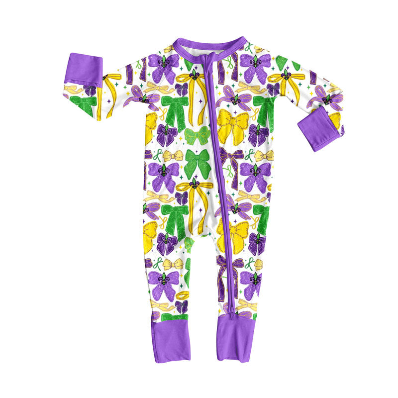(Pre-order)LR2673 Bows Anchor Print Baby Girls Mardi Gras Zipper Sleeper Romper