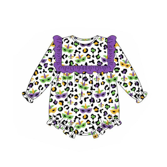 (Pre-order)LR2675 Mask Leopard Print Baby Girls Mardi Gras Romper