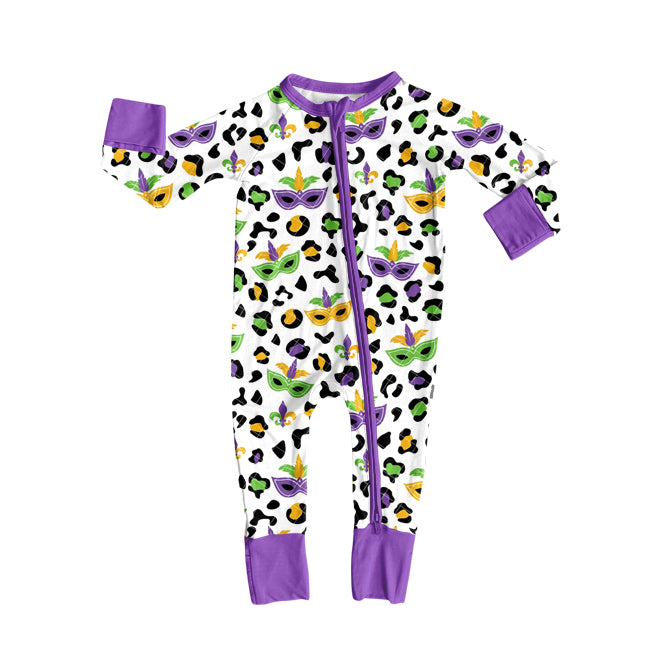 (Pre-order)LR2676 Mask Leopard Print Baby Girls Mardi Gras Zipper Sleeper Romper