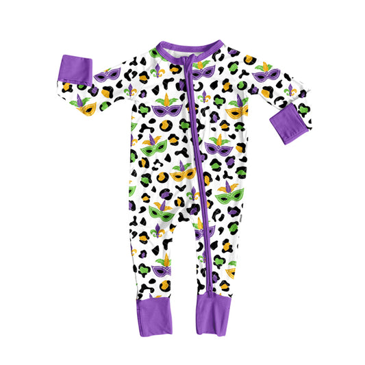 (Pre-order)LR2676 Mask Leopard Print Baby Girls Mardi Gras Zipper Sleeper Romper