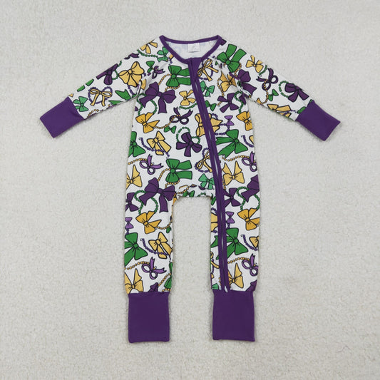 LR2678 Purple Bows Print Baby Girls Mardi Gras Zipper Sleeper Romper