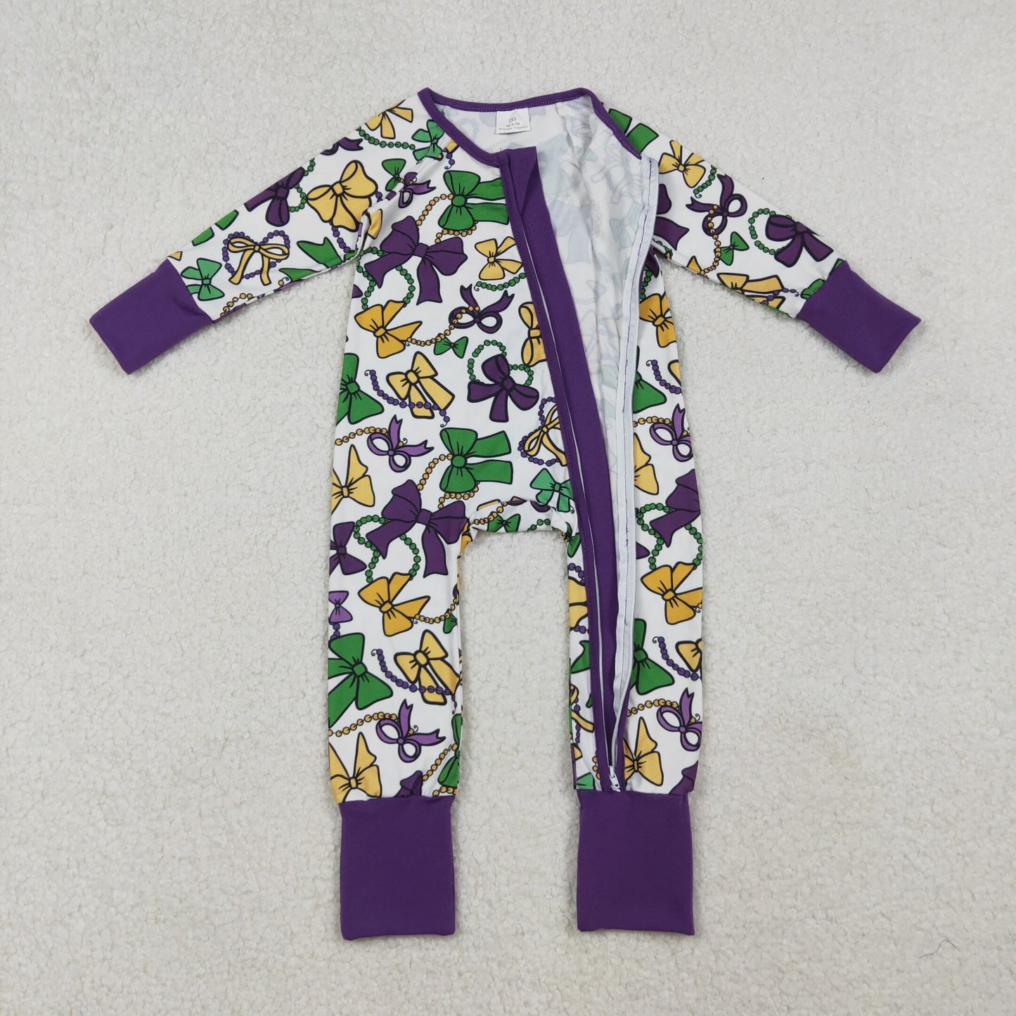 LR2678 Purple Bows Print Baby Girls Mardi Gras Zipper Sleeper Romper