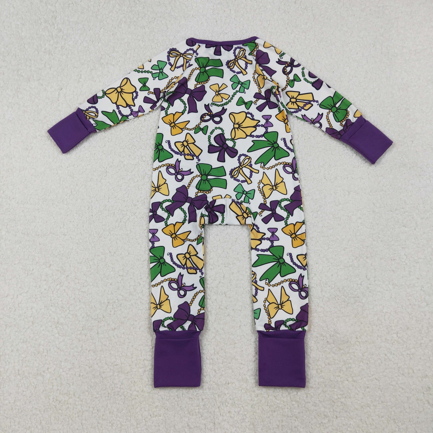 LR2678 Purple Bows Print Baby Girls Mardi Gras Zipper Sleeper Romper