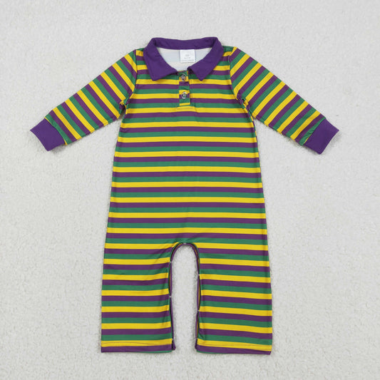 LR2679 Yellow Purple Green Stripes Print Baby Boys Mardi Gras Romper