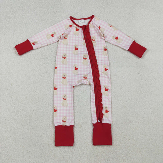 LR2681 Dog Heart Plaid Print Baby Girls Valentine's Day Zipper Sleeper Romper