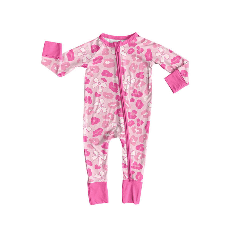 (Pre-order)LR2686 Pink Leopard Bows Print Baby Girls Zipper Sleeper Romper