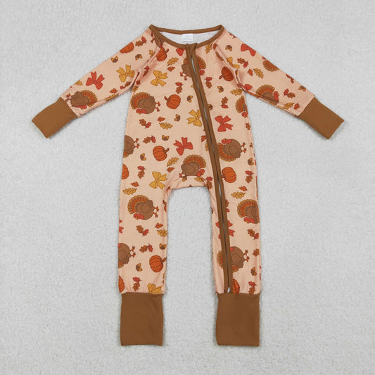LR2689 Turky Bows Print Baby Girls Thanksgiving Zipper Sleeper Romper