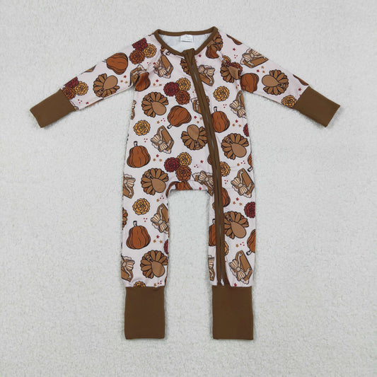 LR2690 Pie Pumpkin Turky Print Baby Girls Thanksgiving Zipper Sleeper Romper
