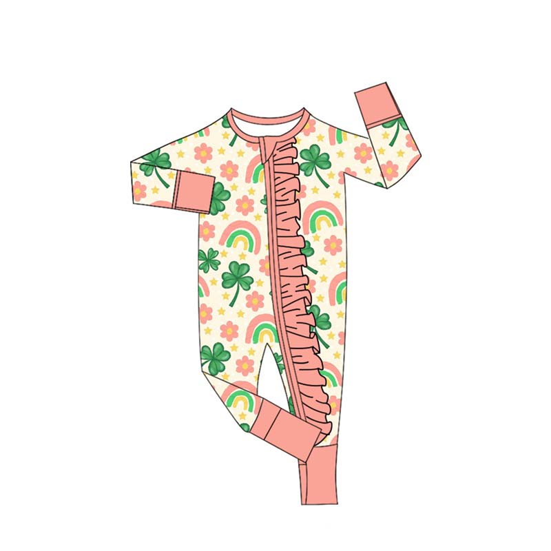 (Pre-order)LR2692 Leaf Rainbow Flowers Print Baby Girls St. Patrick's Day Sleeper Zipper Romper