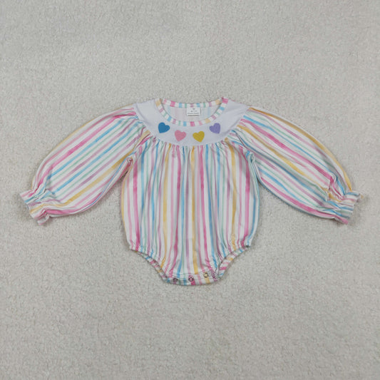 LR2695 Colorful Heart Embroidery Stripes Print Baby Girls Valentine's Day Bubble Romper