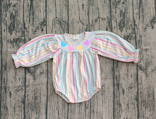 (Pre-order)LR2695 Colorful Heart Stripes Print Baby Girls Valentine's Day Bubble Romper