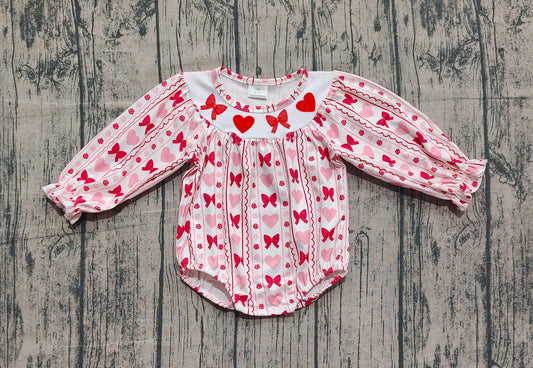 (Pre-order)LR2696 Heart Pink Bows Print Baby Girls Valentine's Day Bubble Romper