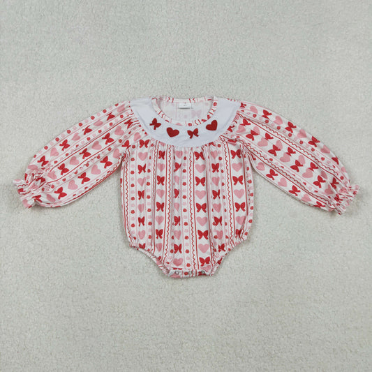 LR2696 Heart Bows Embroidery Pink Print Baby Girls Valentine's Day Bubble Romper