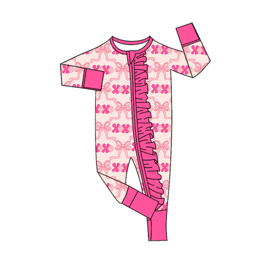 (Pre-order)LR2699 XOXO Bows Print Baby Girls Valentine's Day Sleeper Zipper Romper