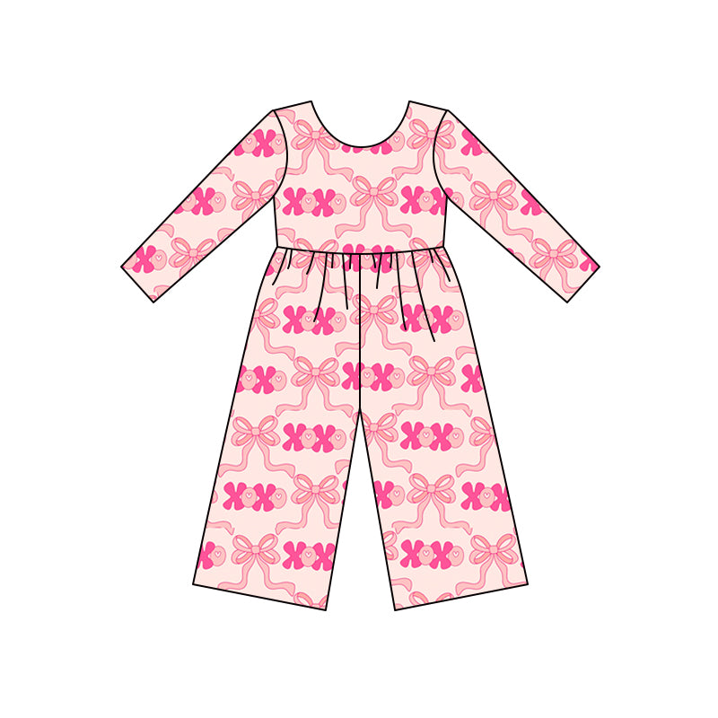 (Pre-order)LR2700 XOXO Bows Print Girls Valentine's Day Long Sleeve Jumpsuits