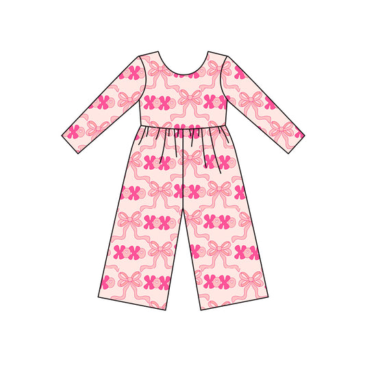 (Pre-order)LR2700 XOXO Bows Print Girls Valentine's Day Long Sleeve Jumpsuits