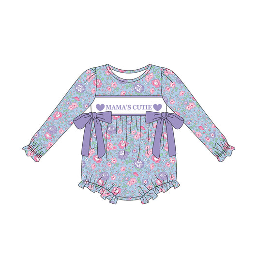 (Pre-order)LR2702 MAMA'S CUTIE Purple Heart Flowers Print Baby Girls Bubble Romper
