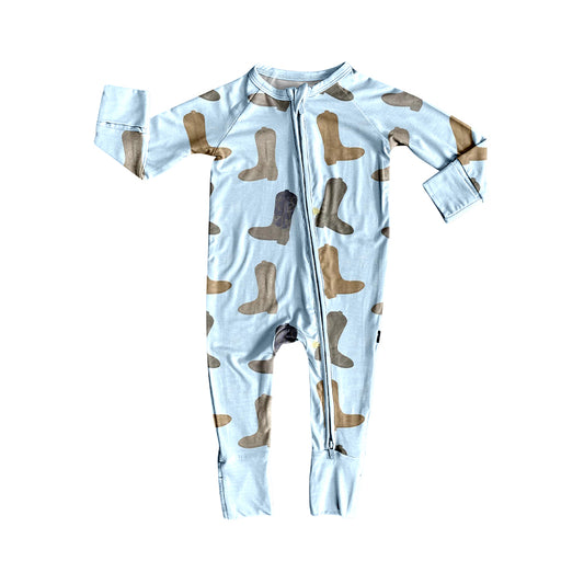 (Pre-order)LR2704 Boots Blue Print Baby Boys Western Sleeper Zipper Romper