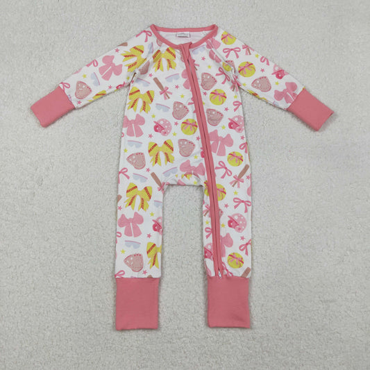LR2705 Softball Bows Print Baby Girls Fall Sleeper Zipper Romper