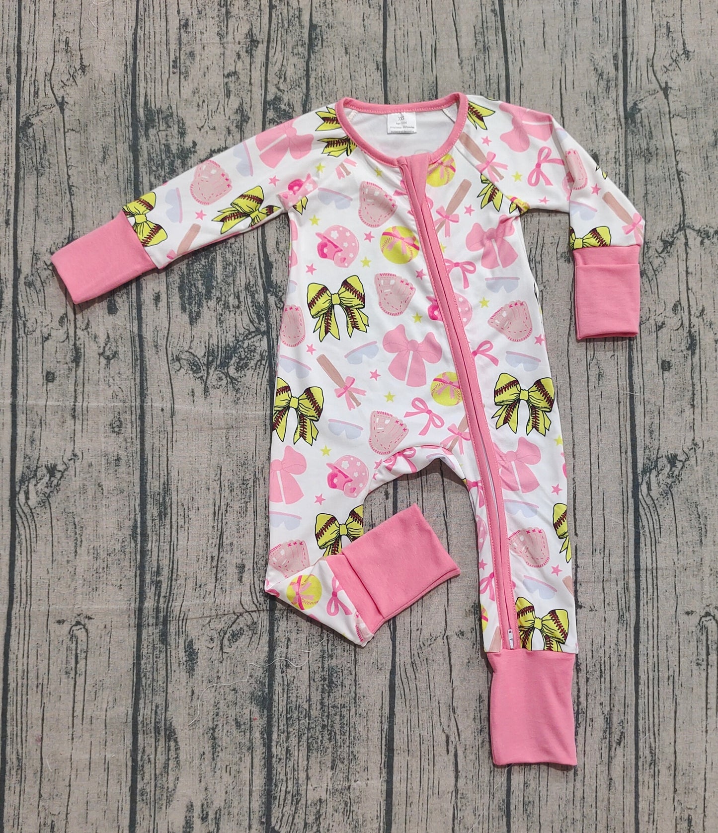 (Pre-order)LR2705 Softball Bows Print Baby Girls Fall Sleeper Zipper Romper