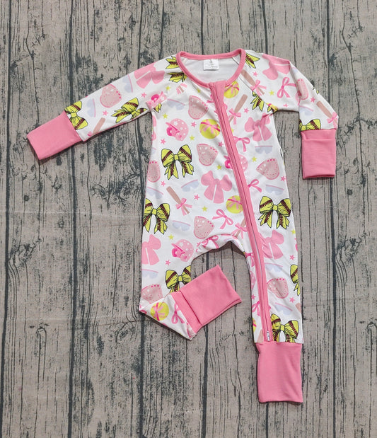 (Pre-order)LR2705 Softball Bows Print Baby Girls Fall Sleeper Zipper Romper