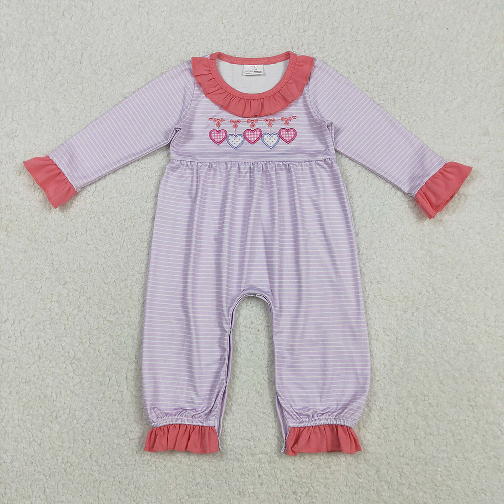 LR2706 Heart Bows Embroidery Stripes Print Baby Girls Valentine's Day Romper