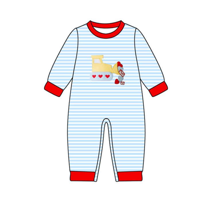 (Pre-order)LR2708 Heart Trucks Stripes Print Baby Boys Valentine's Day Romper