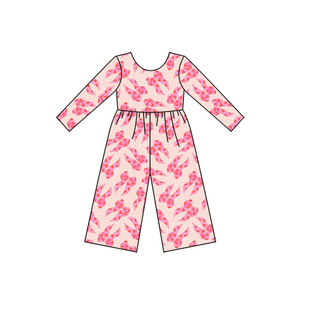 (Pre-order)LR2709  Heart Pink Bows Print Girls Valentine's Day Long Sleeve Jumpsuits