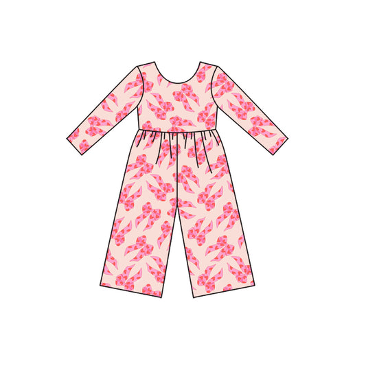 (Pre-order)LR2709  Heart Pink Bows Print Girls Valentine's Day Long Sleeve Jumpsuits