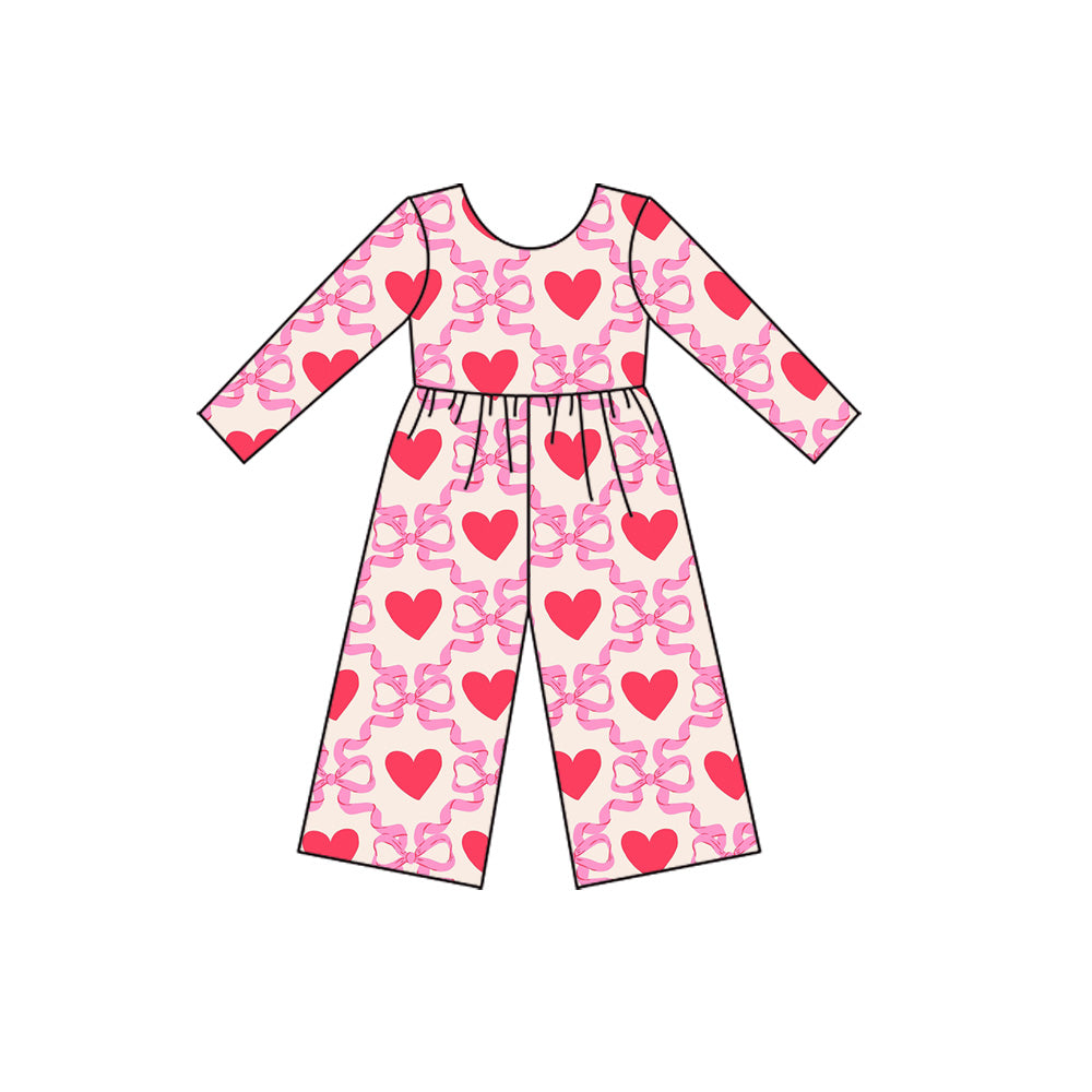(Pre-order)LR2710  Heart Pink Bows Print Girls Valentine's Day Long Sleeve Jumpsuits